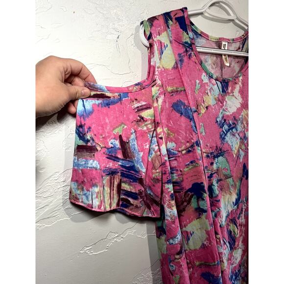 Shoreline artsy abstract wacky cold shoulder tunic top womens large lagenlook - Picture 2 of 8